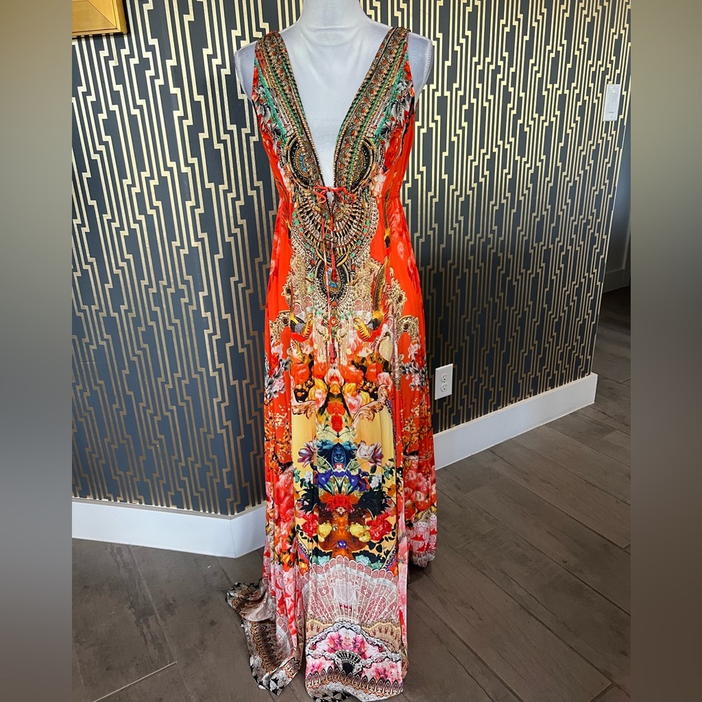 Vibrant Orange Beaded V-Neck Maxi Dress